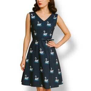 Retro Navy Blue Swan Print Sleeveless Fit and Flare Dress Bow Detail V Neckline